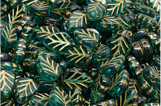 Mint Leaf Beads, Transparent Aqua Gold Lined (60210-54202), Glass, Czech Republic