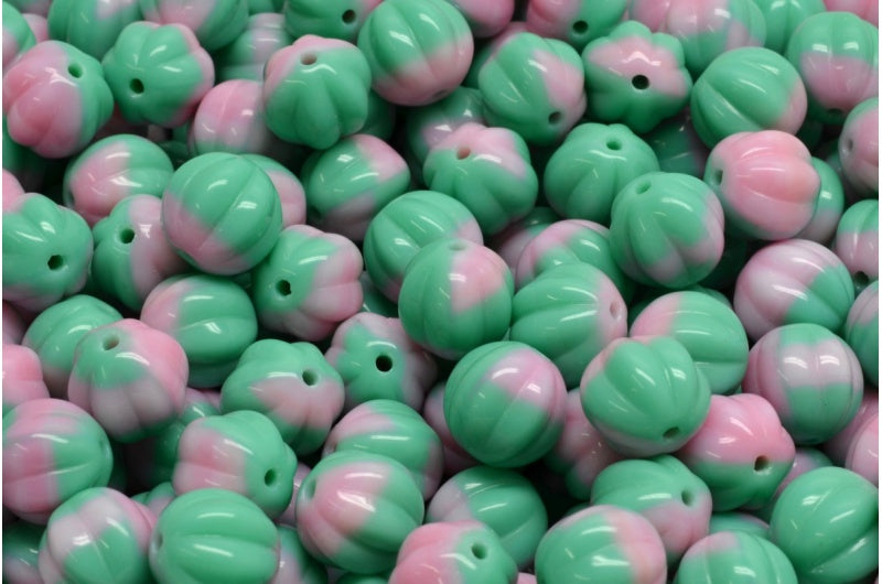 Melon Beads, Opaque Pink Opaque Green (73010-53100), Glass, Czech Republic