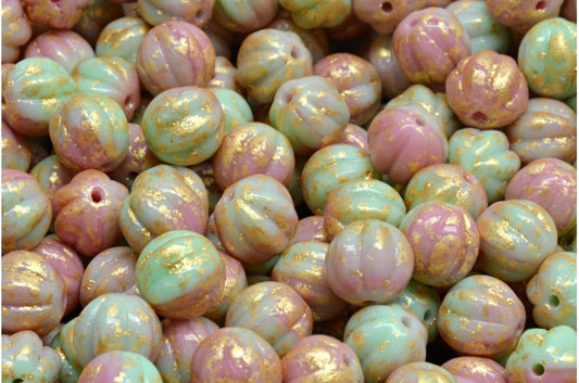 メロンビーズ、不透明ピンク、不透明グリーン、ゴールドスプラッシュ（73010-53100-94401）、ガラス、チェコ共和国