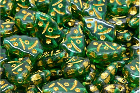Christmas Tree Beads, Transparent Green Emerald Gold Lined (50720-54302), Glass, Czech Republic