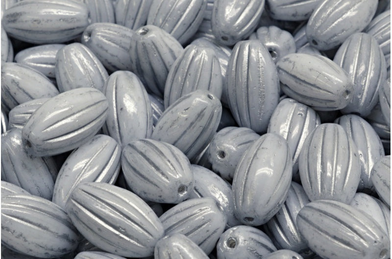 Olive Melon Beads, White Silver Lined (02010-54301), Glass, Czech Republic