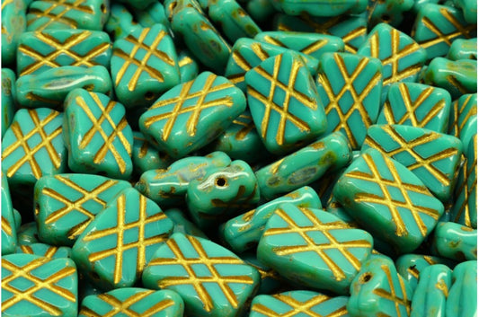 テーブルカットデザインの長方形ビーズ、ターコイズトラバーチンゴールドライン（63140-86800-54302）、ガラス、チェコ共和国