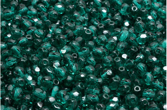 Faceted Round Fire Polished Beads, Transparent Green Emerald (50730), Glass, Czech Republic