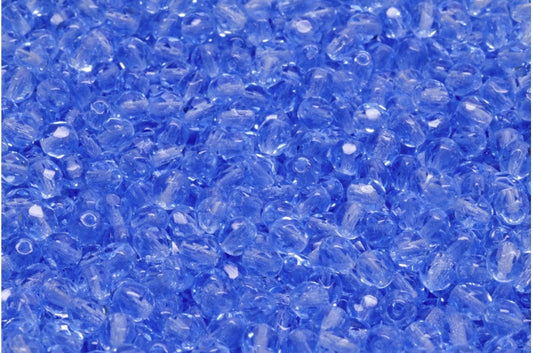 Faceted Round Fire Polished Beads, Transparent Blue (30030), Glass, Czech Republic