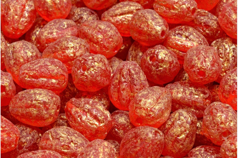 Drop Melon Beads, Transparent Red Etched 56902 (90050-ETCH-56902), Glass, Czech Republic