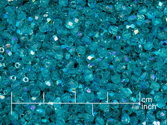 OUTLET 10 grams Faceted Round Fire Polished Beads, Transparent Aqua Ab (60130-28701), Glass, Czech Republic