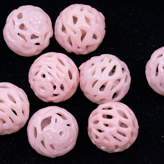 VINTAGE OUTLET 1 pc Lampwork LACE Handmade Round Beads, 15 x 15 mm, Pale Pink, Glass, Czech Republic, Antique Beads