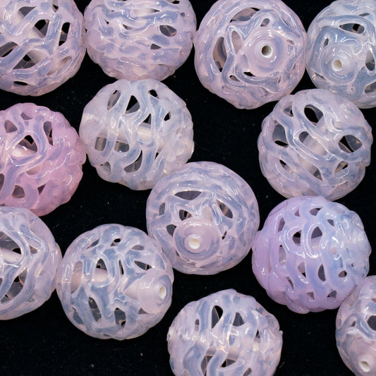 VINTAGE OUTLET 1 pc Lampwork LACE Handmade Round Beads, 15 x 15 mm, Opal Cold Pink, Glass, Czech Republic, Antique Beads