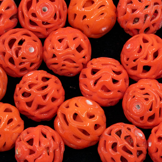 VINTAGE OUTLET 1 pc Lampwork LACE Handmade Round Beads, 15 x 15 mm, Coral Orange, Glass, Czech Republic, Antique Beads