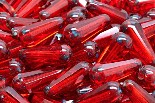 Faceted Fire Polished Teardrop Beads, Ruby Red Travertin (90080-86800), Glass, Czech Republic