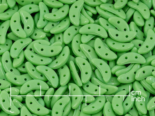 OUTLET 10 grams Crescent 2-hole Moon Shape Beads, Opaque Green (53200), Glass, Czech Republic