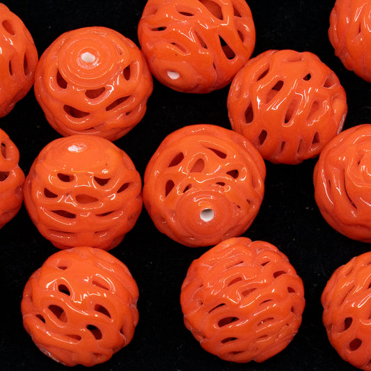 VINTAGE OUTLET 1 pc Lampwork LACE Handmade Round Beads, 16 x 16 mm, Coral Orange, Glass, Czech Republic, Antique Beads