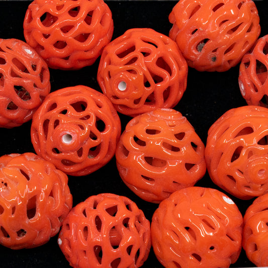 VINTAGE OUTLET 1 pc Lampwork LACE Handmade Round Beads, 18 x 18 mm, Coral Orange, Glass, Czech Republic, Antique Beads
