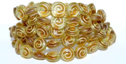 OUTLET 10 grams Round Flat Snail Pressed Glass Beads, Brown Transparent Gold Lined Matte (17011-54202-84100), Glass, Czech Republic