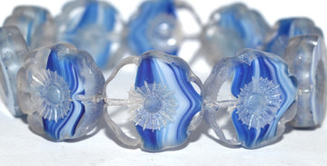 OUTLET 10 grams Table Cut Hawaii Flower Beads, Crystal Blue Stripes Hematite (65014-14400), Glass, Czech Republic