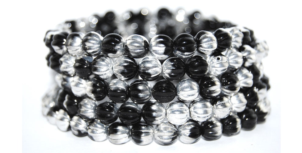 OUTLET 10 grams Melon Beads, 8 x 8 mm, Black Crystal Silver Half Coating (23980-27001), Glass, Czech Republic