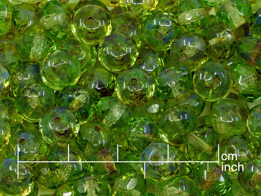 アウトレット 10グラム ファセットロンデル ファイアポリッシュビーズ、7 x 9 mm、透明グリーントラバーチン（50500-86800）、ガラス、チェコ共和国