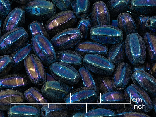 OUTLET 10 grams Olive Oval Pressed Glass Beads, Black Blue Iris (23980-21435), Glass, Czech Republic