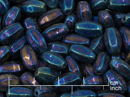 OUTLET 250g Pressed Czech Glass Beads, 11 x 7 mm, Black Blue Iris (111-29014-11x07-23980-21435)