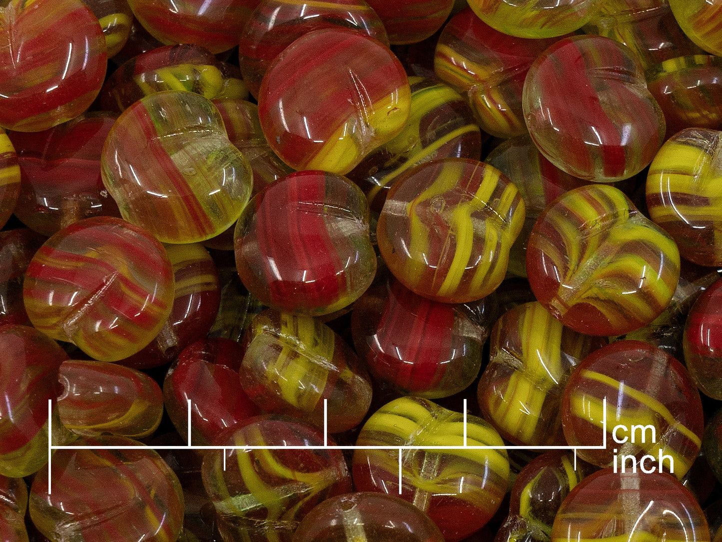 OUTLET 10 grams Apple Shaped Beads, 11 x 12 mm, Red Yellow Stripes (red-yellow-stripes), Glass, Japan