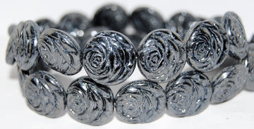 OUTLET 10 grams Round Flat Rose Flower Pressed Glass Beads, Black Hematite (23980-14400), Glass, Czech Republic