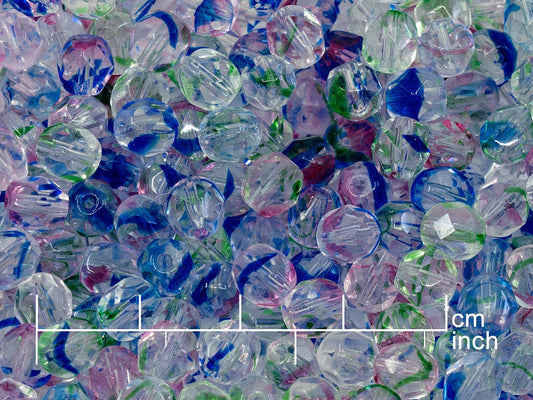 奥特莱斯 10 克多面圆形火抛光珠，6 x 6 毫米，水晶彩色条纹 (08006)，玻璃，捷克共和国