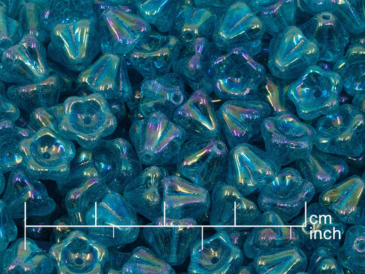 10克铃花珠，6 x 8毫米，透明水蓝色彩虹鸢尾花色（60150-21405），玻璃，捷克共和国