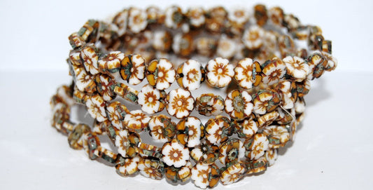 OUTLET 10 grams Table Cut Hawaii Flower Beads, White Silk Beige Travertin (02010-14010-86800), Glass, Czech Republic