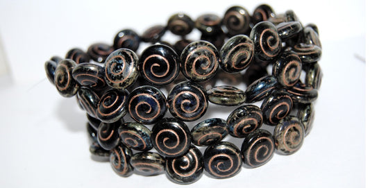 OUTLET 10 grams Round Flat Snail Pressed Glass Beads, 13 x 13 mm, Black Picasso Copper Lined (23980-43400-54200), Glass, Czech Republic