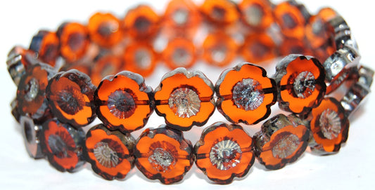 OUTLET 10 grams Table Cut Hawaii Flower Beads, 14 x 14 mm, Transparent Orange Picasso (90020-43400), Glass, Czech Republic