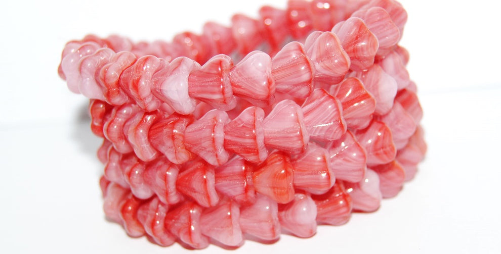 OUTLET 10 grams Bell Flower Beads, Red Stripes (95010), Glass, Czech Republic