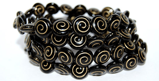 OUTLET 10 grams Round Flat Snail Pressed Glass Beads, 13 x 13 mm, Black Gold Lined (23980-54202), Glass, Czech Republic