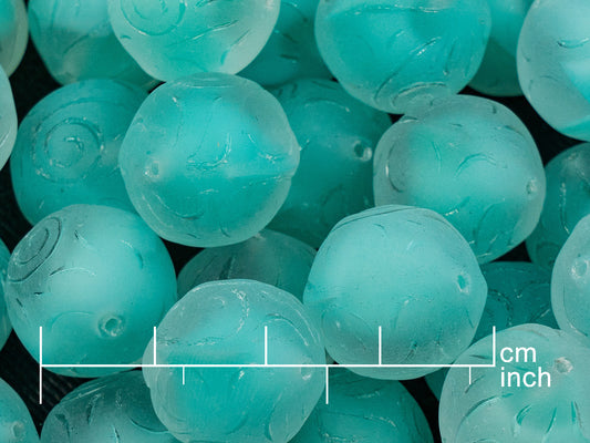 OUTLET 10 grams Round Beads With Ornament, 16 x 16 mm, Teal Matte (56218-84110), Glass, Czech Republic