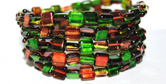 OUTLET 10 grams Pressed Square Beads, Glossy Orange Green (48117), Glass, Czech Republic