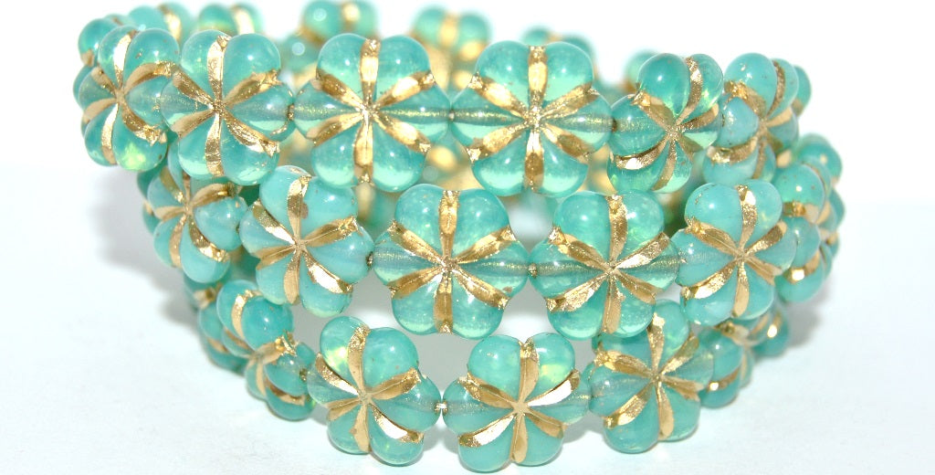 OUTLET 10 grams 6-petal Flower Pressed Beads, Opal Aqua Gold Lined (61100-54202), Glass, Czech Republic