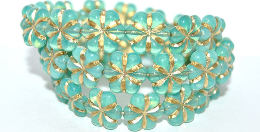 OUTLET 10 grams 6-petal Flower Pressed Beads, Opal Aqua Gold Lined (61100-54202), Glass, Czech Republic