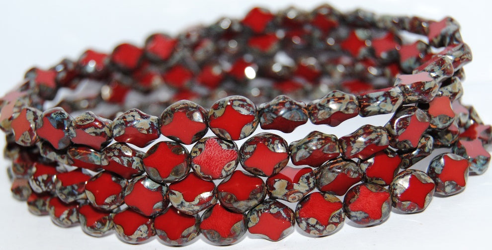 OUTLET 10 grams Table Cut Oval with Cross Beads, Opaque Red Picasso (93200-43400), Glass, Czech Republic