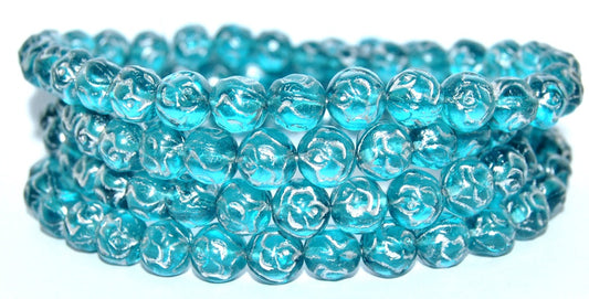 OUTLET 10 grams Round Rose Pressed Beads, Transparent Aqua Silver Lined (60050-54201), Glass, Czech Republic