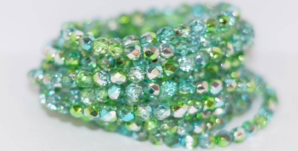 OUTLET 10 grams Faceted Round Fire Polished Beads, 4 x 4 mm, Crystal Glossy Green Blue (00030-48210), Glass, Czech Republic