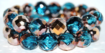 OUTLET 10 grams Faceted Fire Polished Round, Transparent Aqua Rose Gold Capri (60020-27101), Glass, Czech Republic