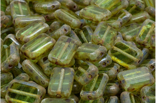 Table Cut Rectangle Beads, Transparent Green Travertin (50500-86800), Glass, Czech Republic