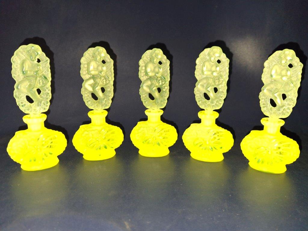 Vintage Uranium Glass Tableware (Glow under UV, No hot water) - Bottle with Angel Lid, Glass, Czech Republic