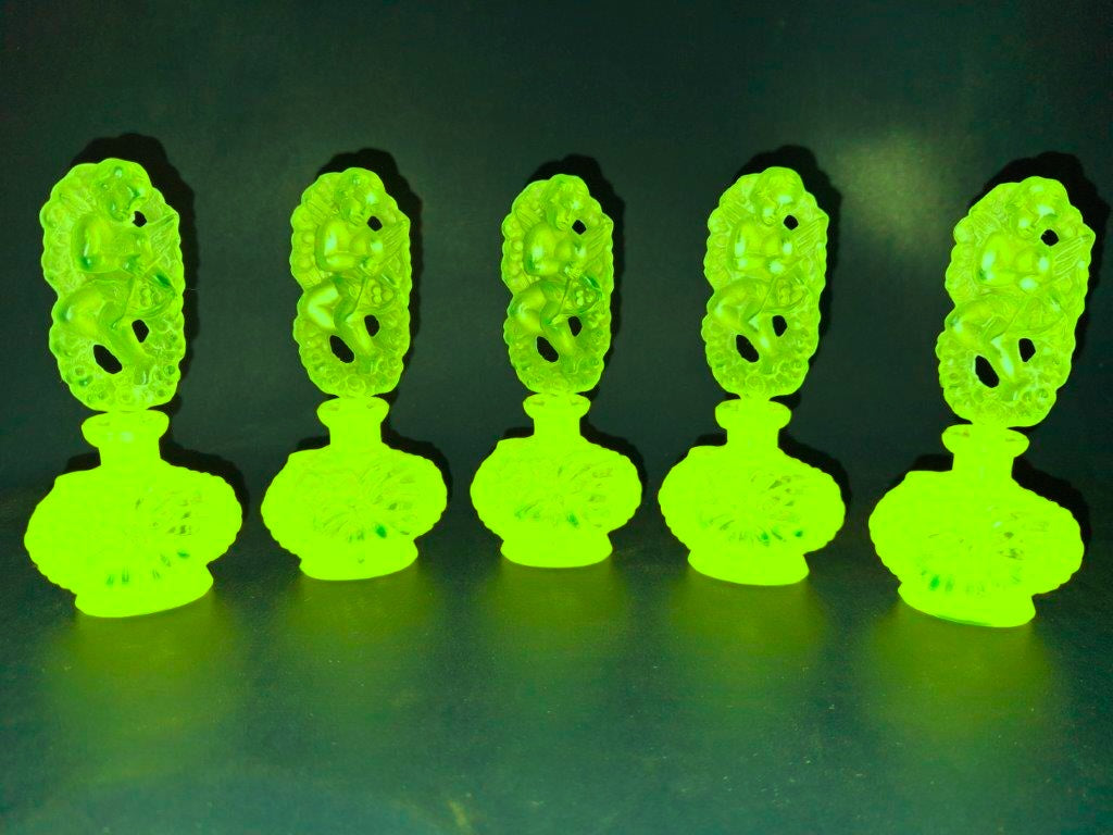 Vintage Uranium Glass Tableware (Glow under UV, No hot water) - Bottle with Angel Lid, Glass, Czech Republic