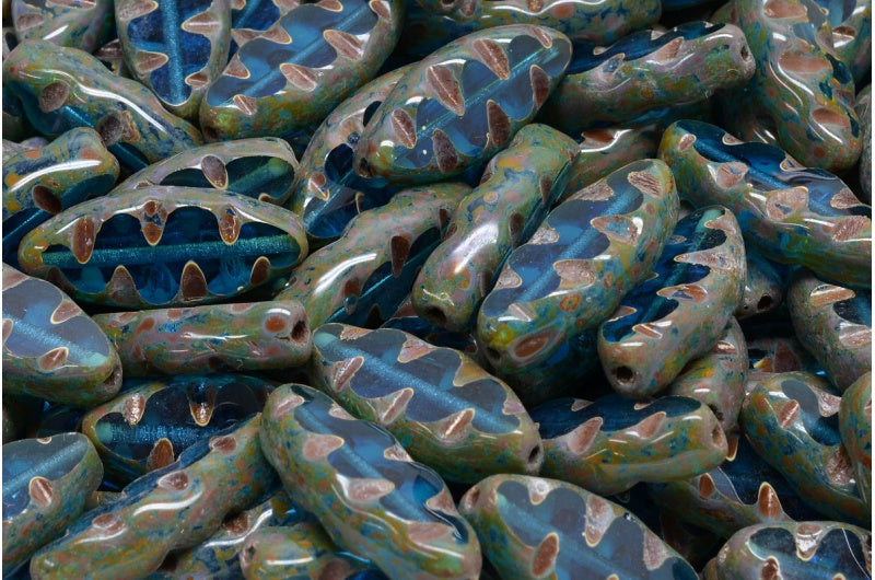 Table Cut Ship Designed Beads, Transparent Aqua Travertin (60080-86800), Glass, Czech Republic