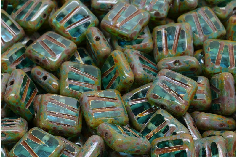 Table Cut Square Designed Beads, Transparent Aqua Travertin (60120-86800), Glass, Czech Republic