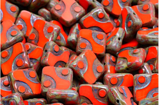 Table Cut Square Designed Beads, Deep Orange  Travertin (93140-86800), Glass, Czech Republic