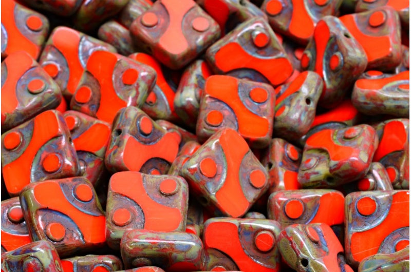 OUTLET 10 grams Table Cut Square Designed Beads, 10 x 10 mm, Deep Orange  Travertin (93140-86800), Glass, Czech Republic
