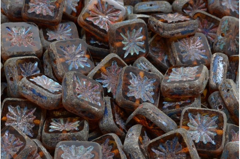 Table Cut Square Kiwi Beads, Transparent Brown Matte Travertin (10100-84100-86800), Glass, Czech Republic