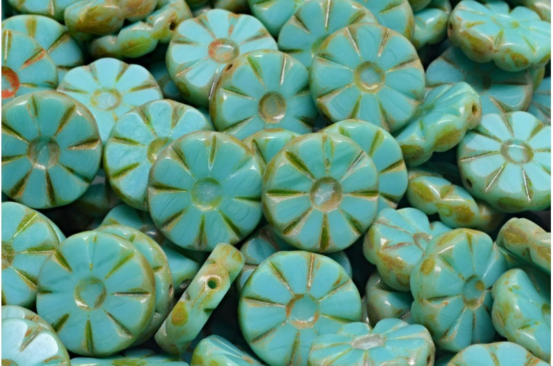 Table Cut Polished Sunflower Beads, Turquise Travertin (63120-86800), Glass, Czech Republic