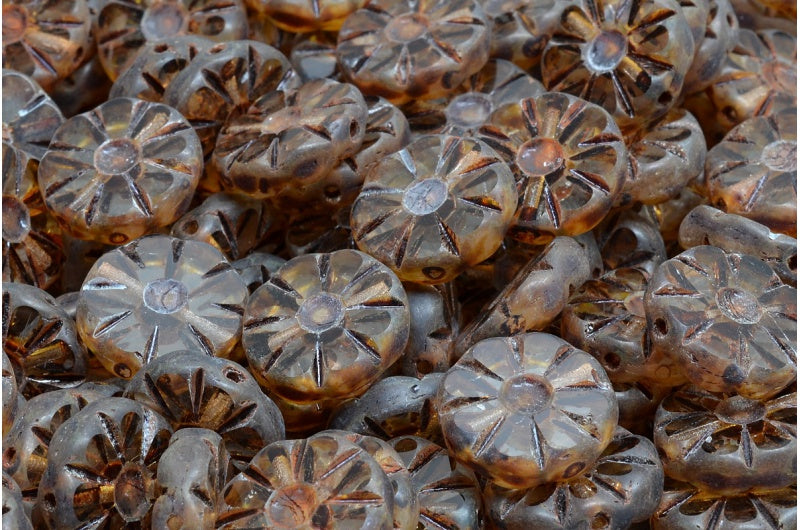 テーブルカットポリッシュひまわりビーズ、クリスタルマットトラバーチン（00030-84100-86800）、ガラス、チェコ共和国